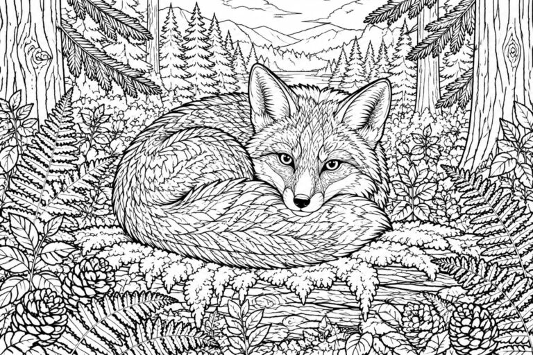 19 Charming Animal Coloring Pages With Detailed Fur, Feathers, and Natural Settings Intricate black-and-white line drawing of a curled fox amid ferns and forest trees.