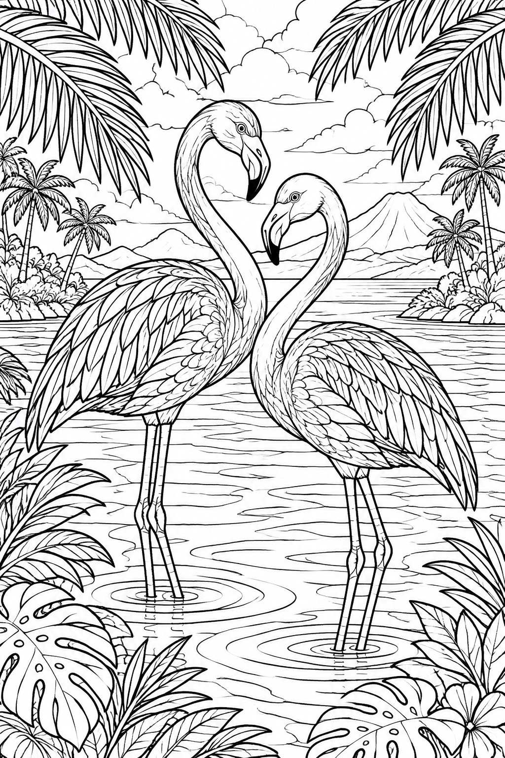 Two flamingos in rippling water amid palm trees, mountains, and tropical foliage.