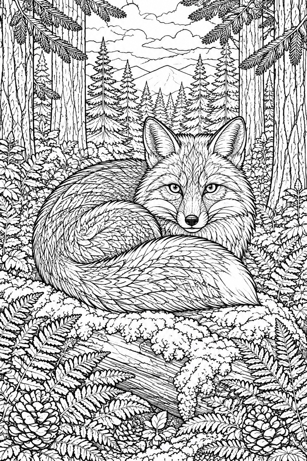 Intricate black-and-white line drawing of a curled fox amid ferns and forest trees.