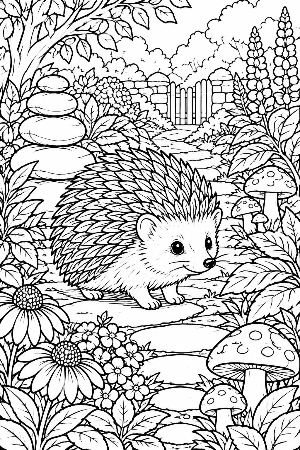 Hedgehog walking through a garden path amid flowers, mushrooms and stacked stones