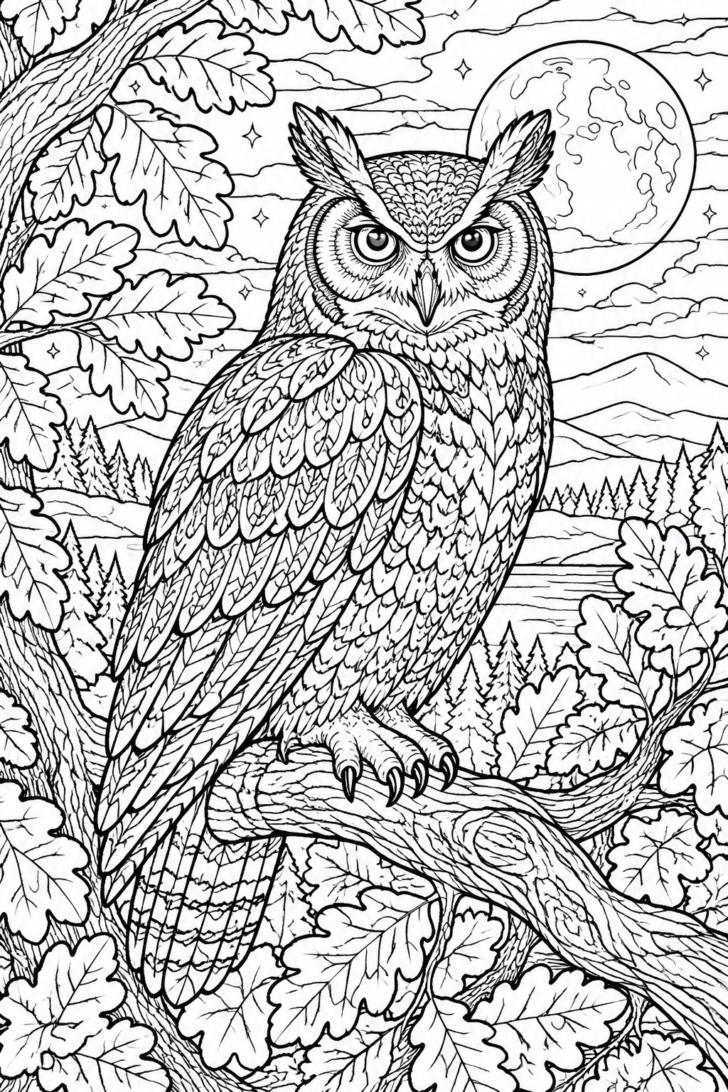 A black and white line drawing of a large owl perched on a tree branch at night with a full moon, stars, mountains, and oak leaves surrounding it.