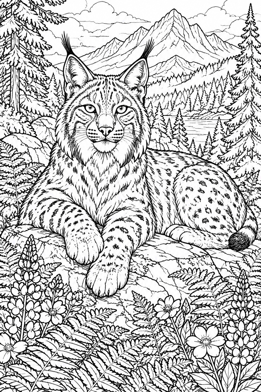 Line drawing of a lynx resting on rocks amid ferns and mountain peaks