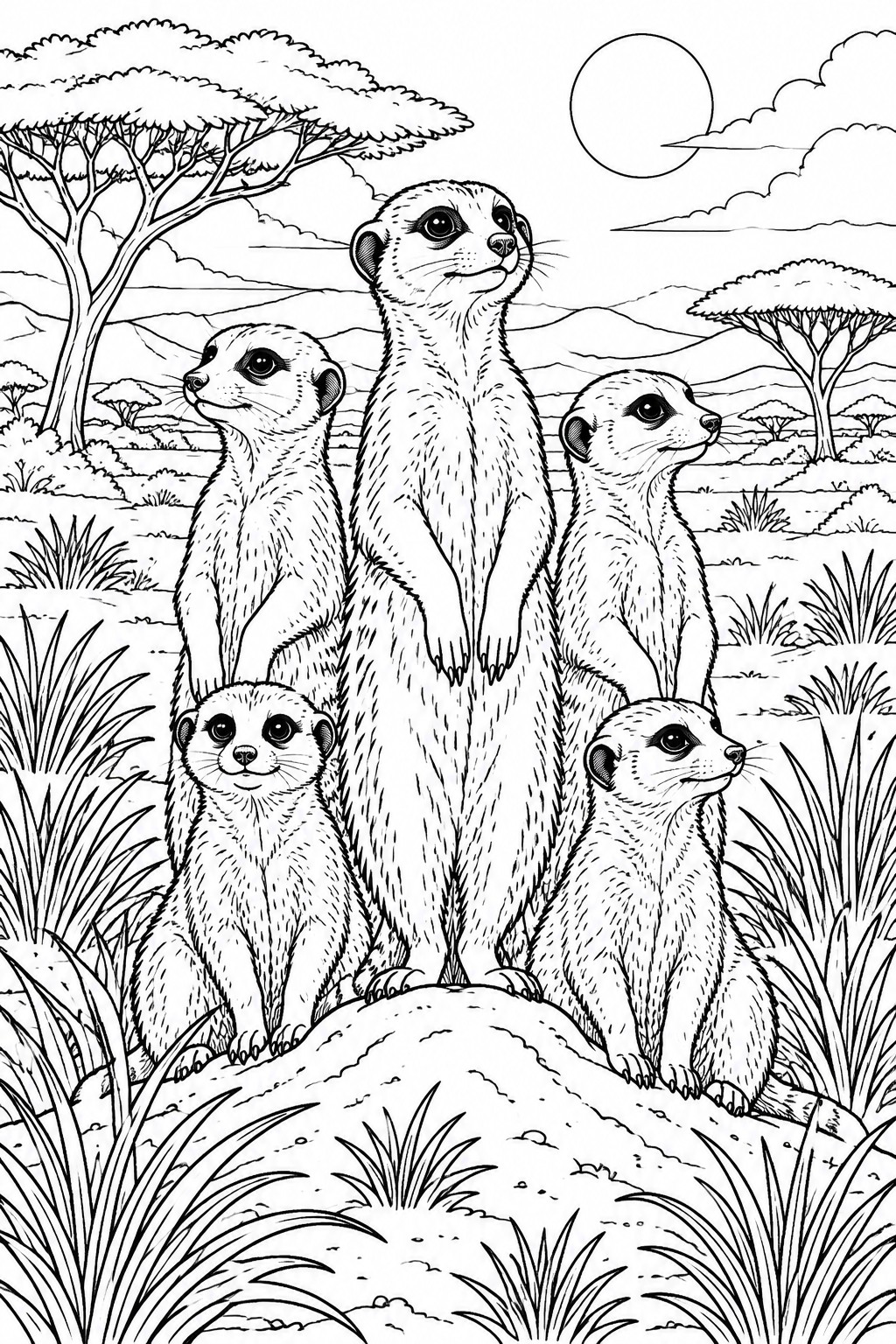 Five meerkats on a rock in a savanna with acacia trees and sun.