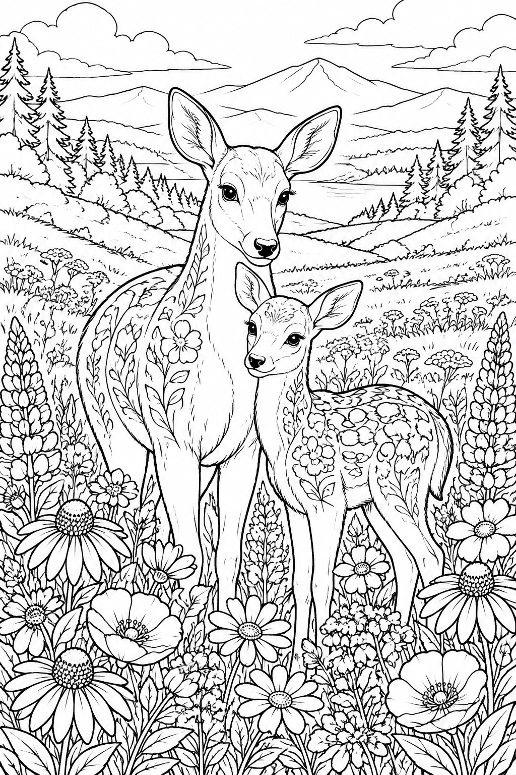 A line drawing shows an adult deer and fawn standing among flowers with mountains and trees in the background.