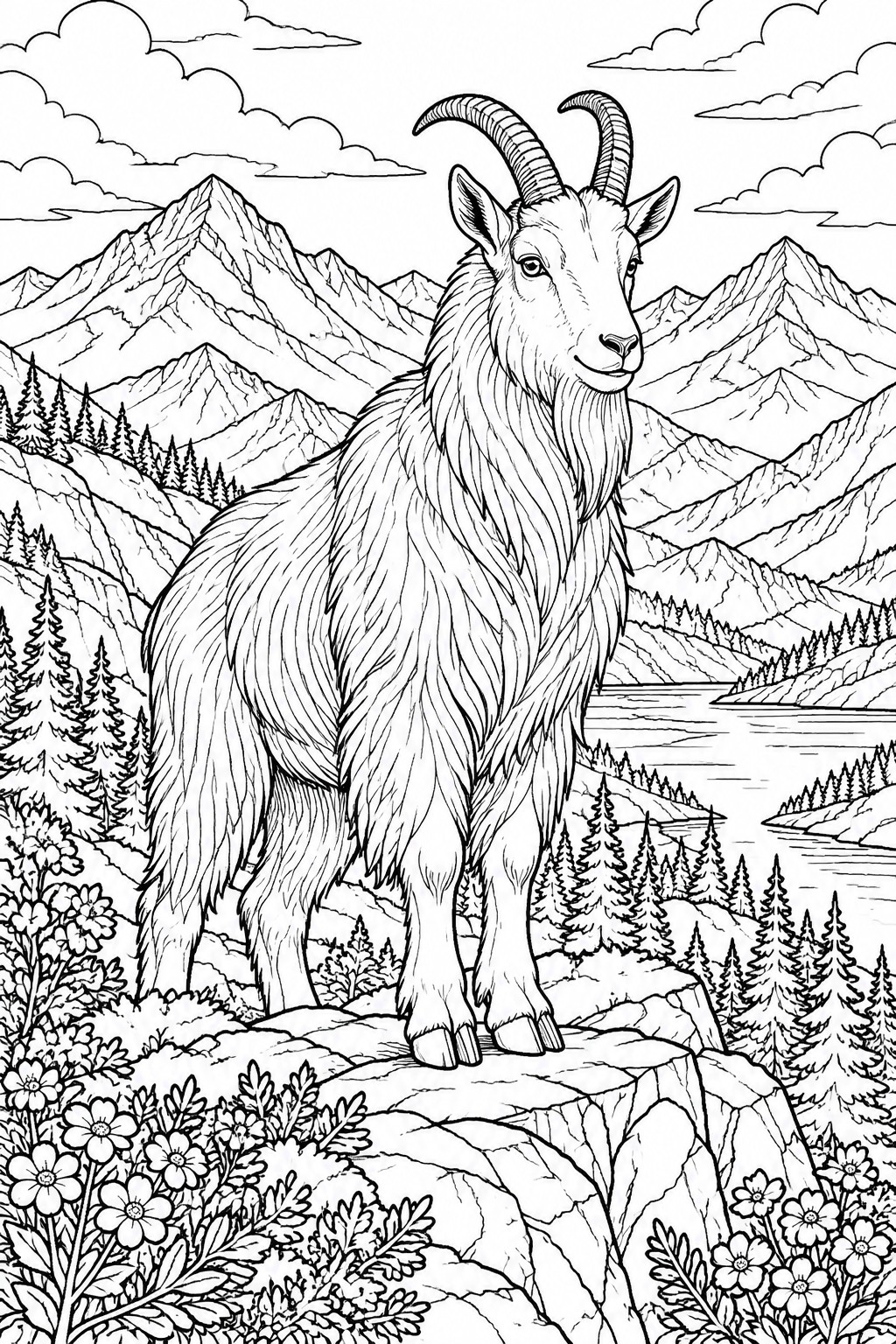 A black and white line drawing of a mountain goat with curved horns standing on a rock in a mountain landscape with trees, flowers, and a lake.