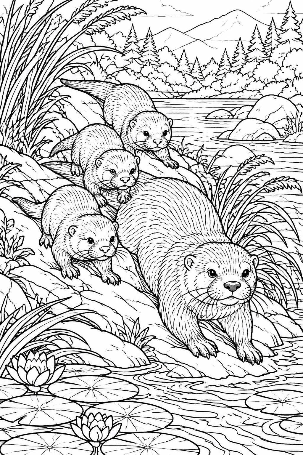 Four otters on rocks by a lily pad pond with mountains and trees in background