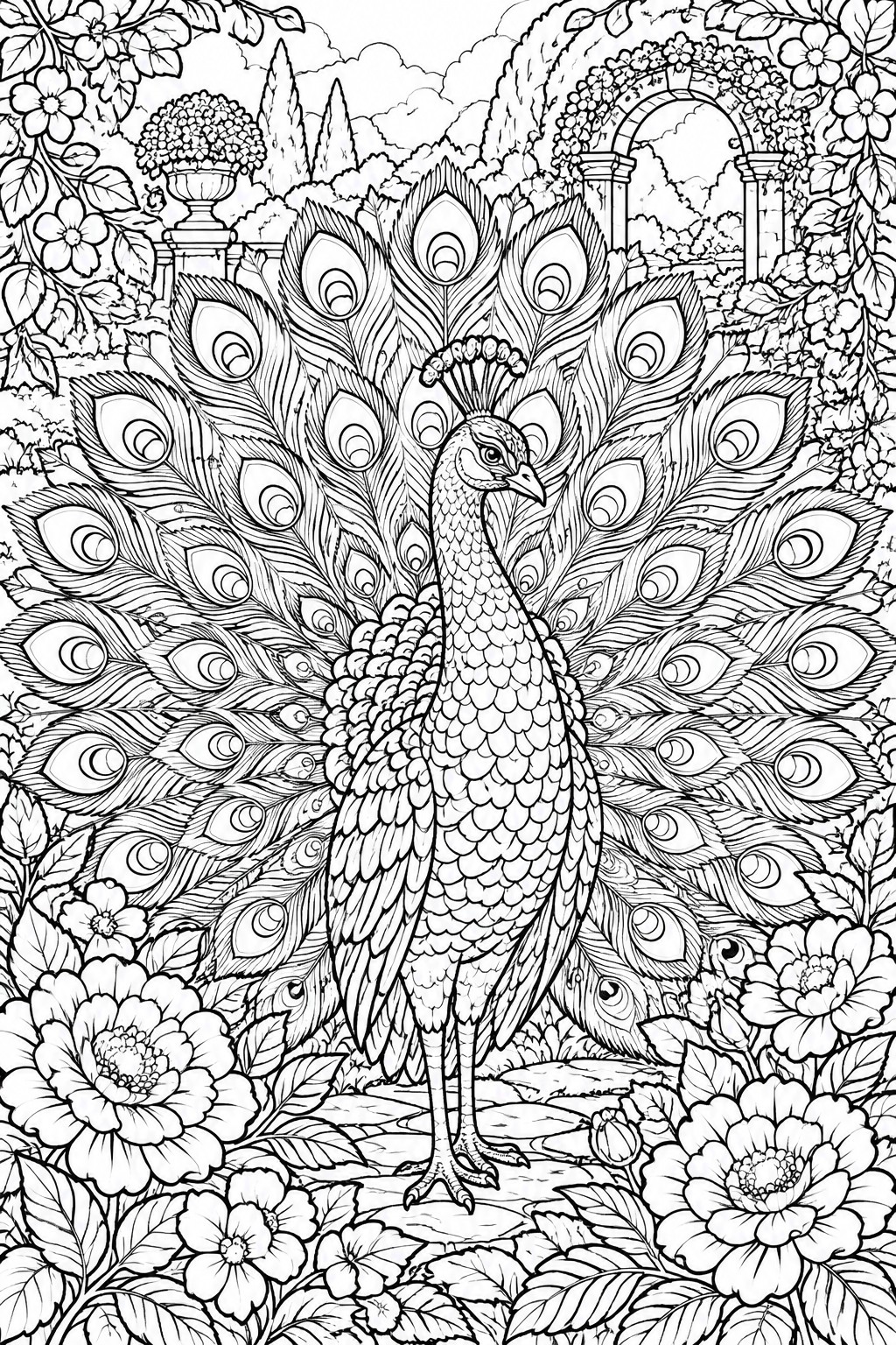 A black and white line drawing of a peacock with its tail fully fanned out standing among large flowers and garden arches.