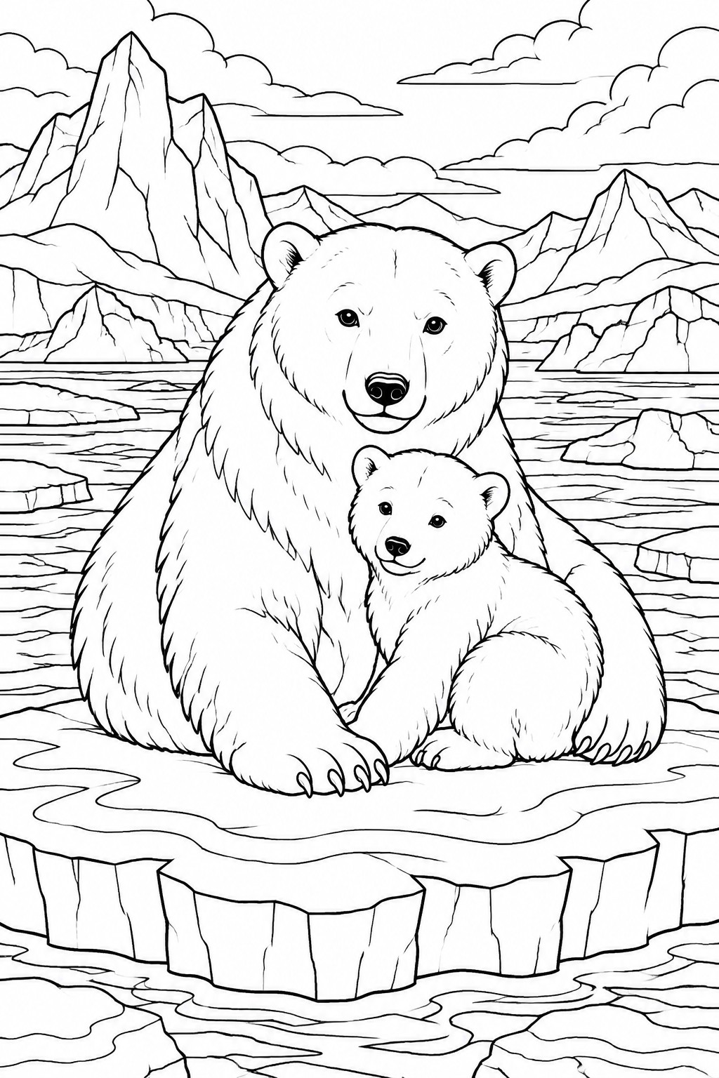 Line drawing of an adult polar bear and cub sitting on an ice floe surrounded by water with mountains in the background.