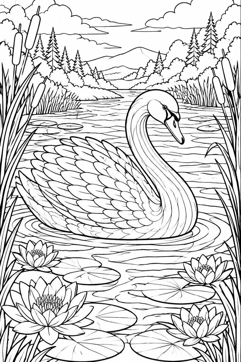 Black and white line drawing of swan on pond with lily pads, reeds, and mountains