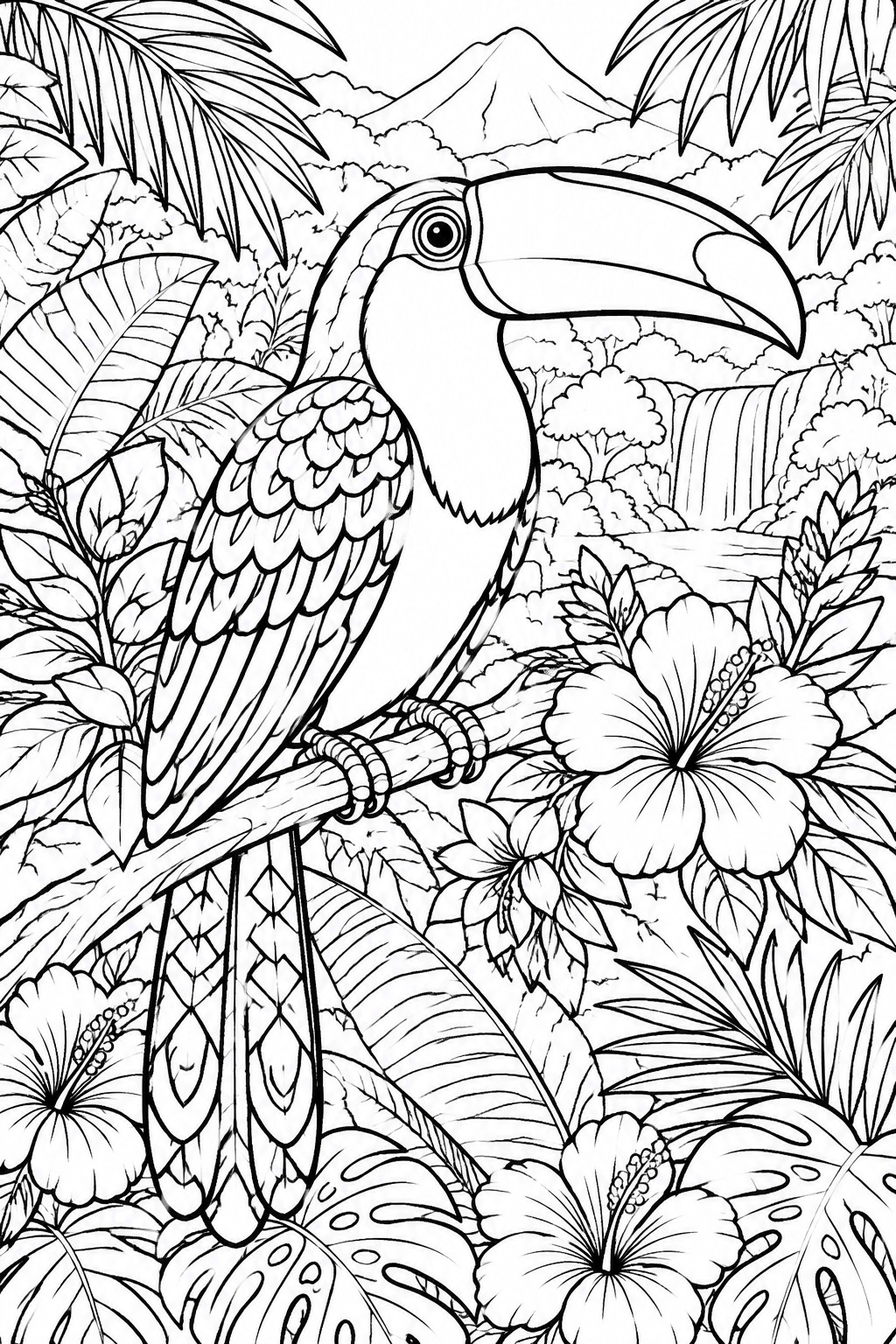 Toucan perched on branch amid hibiscus flowers, tropical leaves, and jungle waterfall