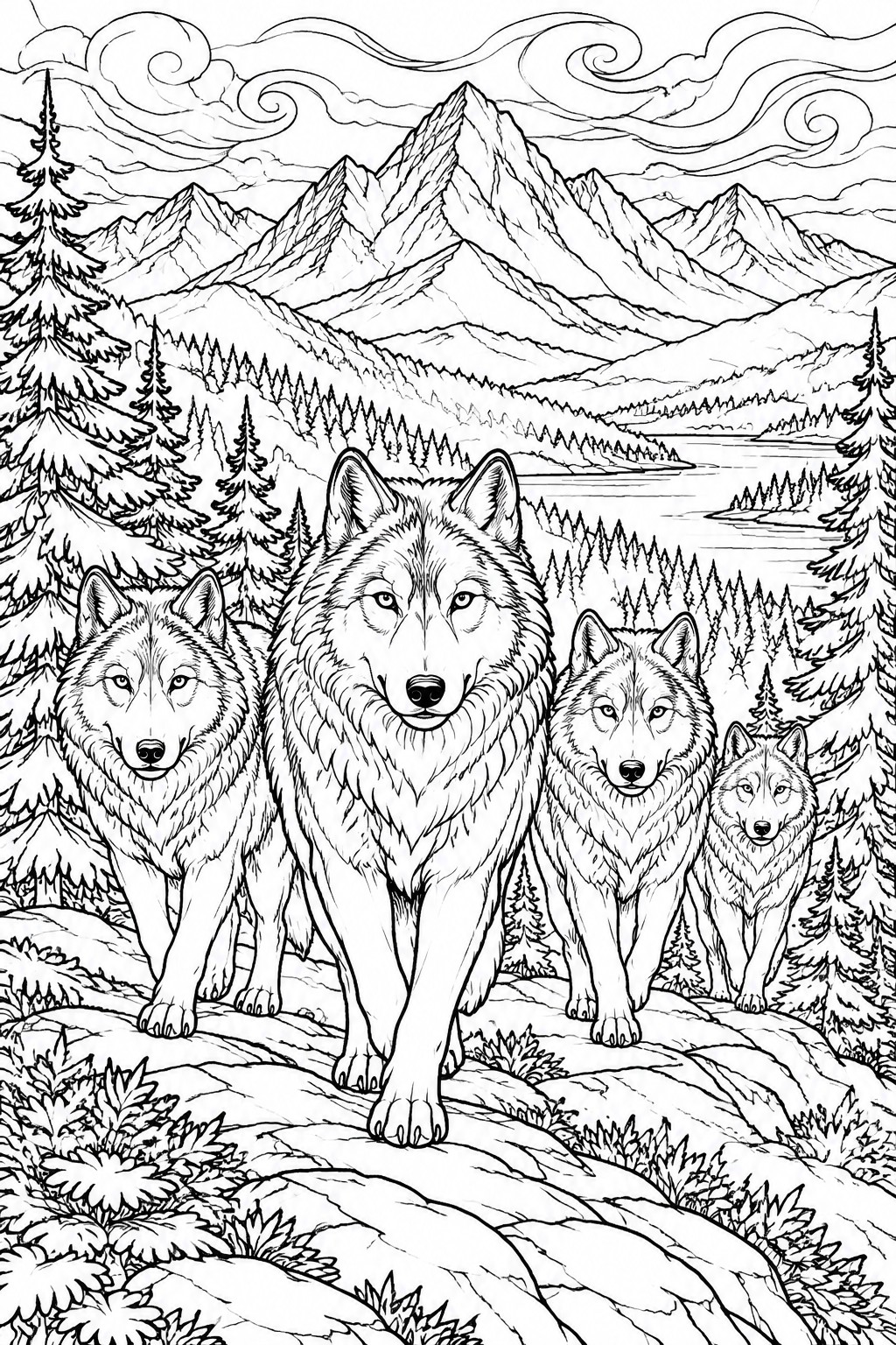 Four wolves walking on rocks amid mountains, pine trees, and a winding river.