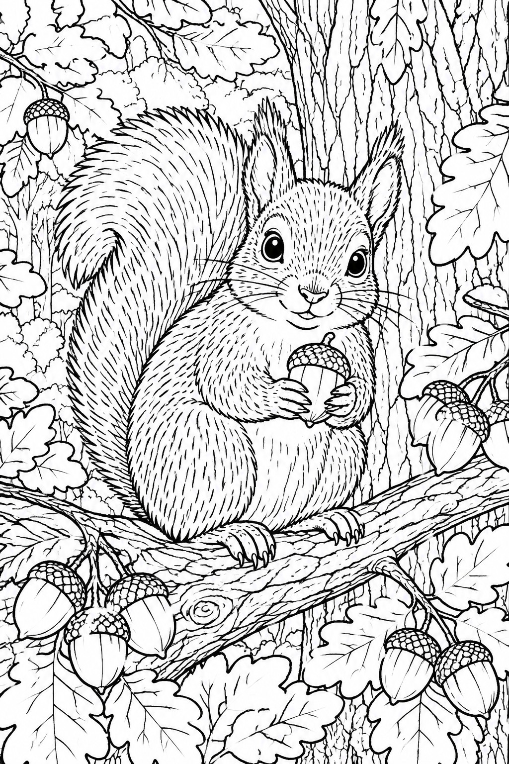 Black-and-white line drawing of squirrel holding acorn on leafy tree branch