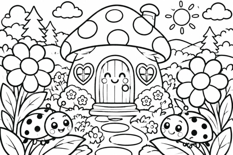 19 Charming Cute Garden Coloring Pages Centered on Mushroom Cottages Coloring page of a mushroom cottage with heart windows, smiling door, two ladybugs in front, flowers, and stepping stone path.