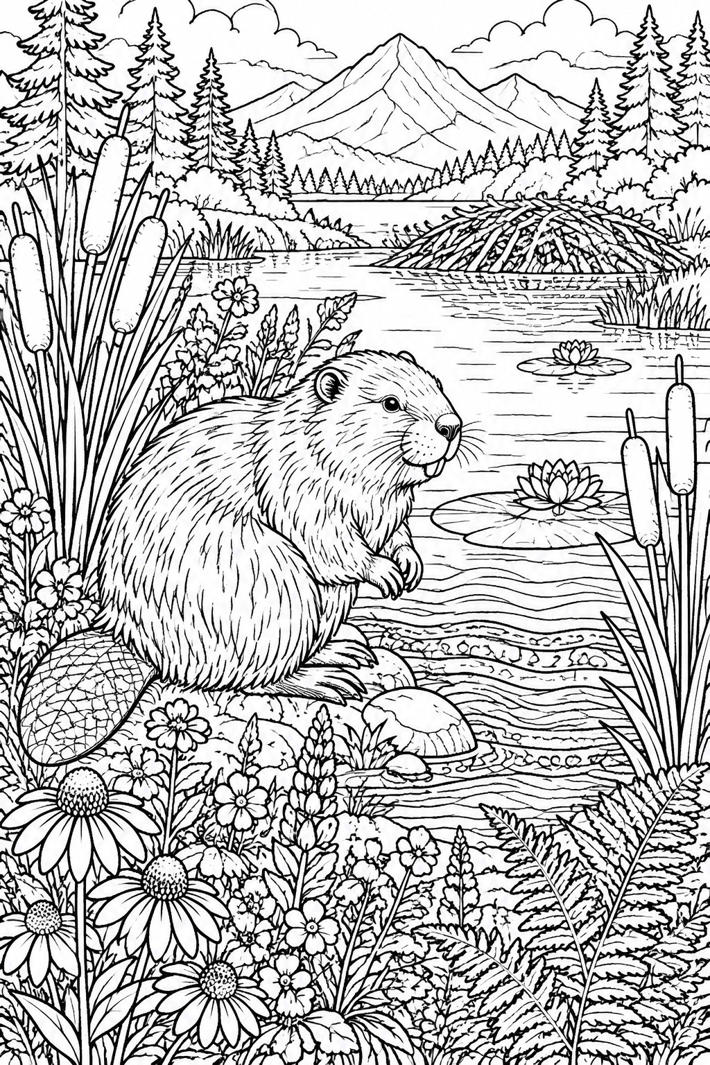 Black and white line art of beaver by pond with dam, flowers, and mountains