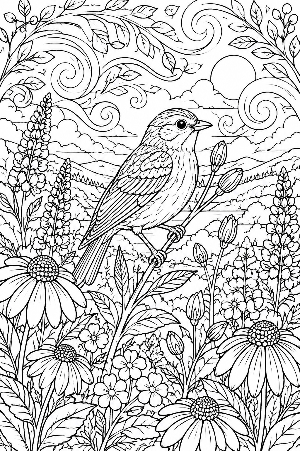 A black and white line drawing of a bird perched on a branch amid large flowers, with hills, clouds, and swirling vines in the background.