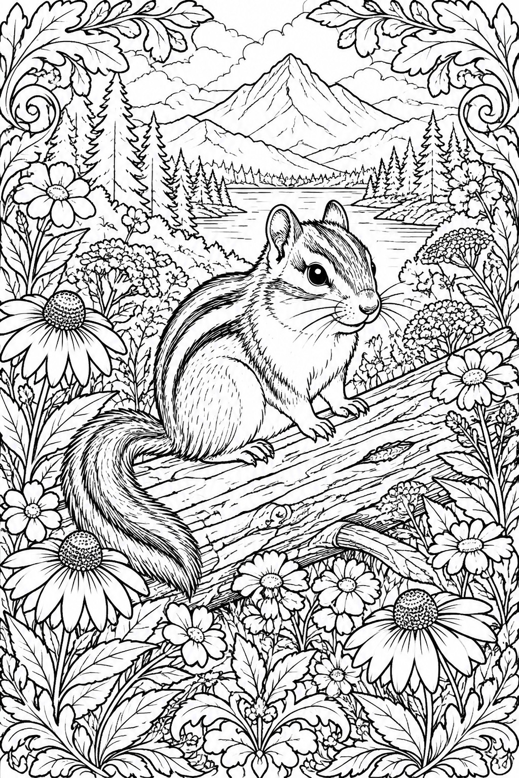 Chipmunk perched on log amid wildflowers with mountain lake and trees in line art
