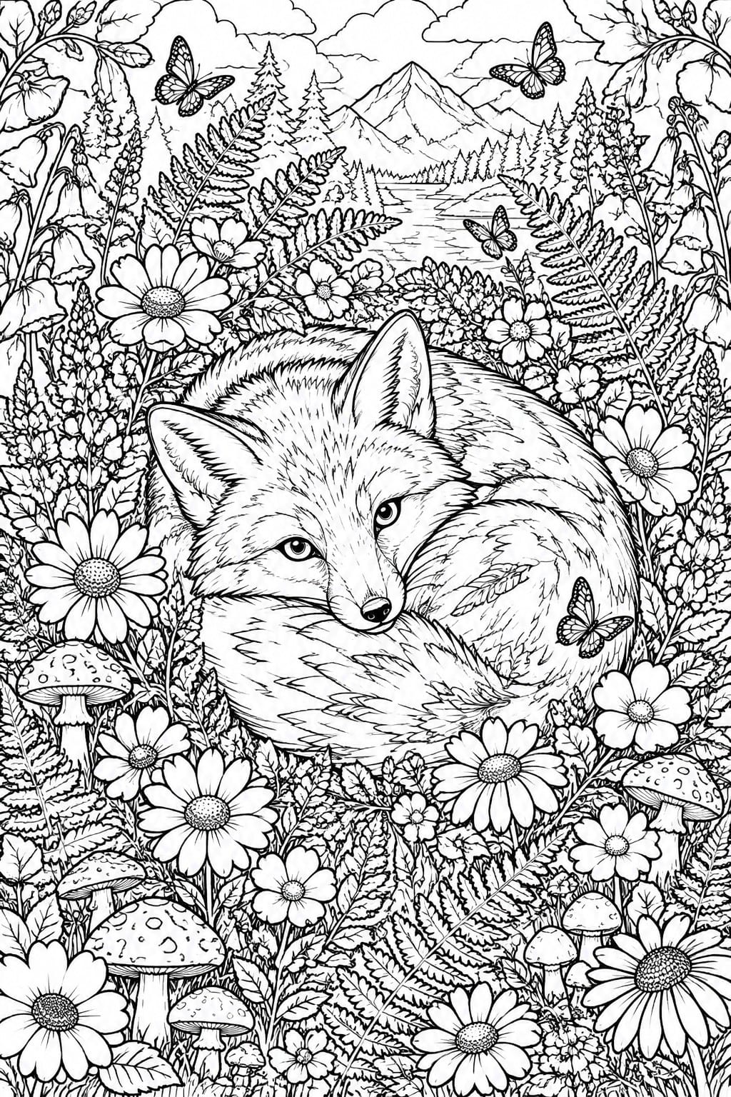 A black and white line drawing of a curled fox resting among wildflowers, mushrooms, ferns, and butterflies with a forest and mountains behind it.