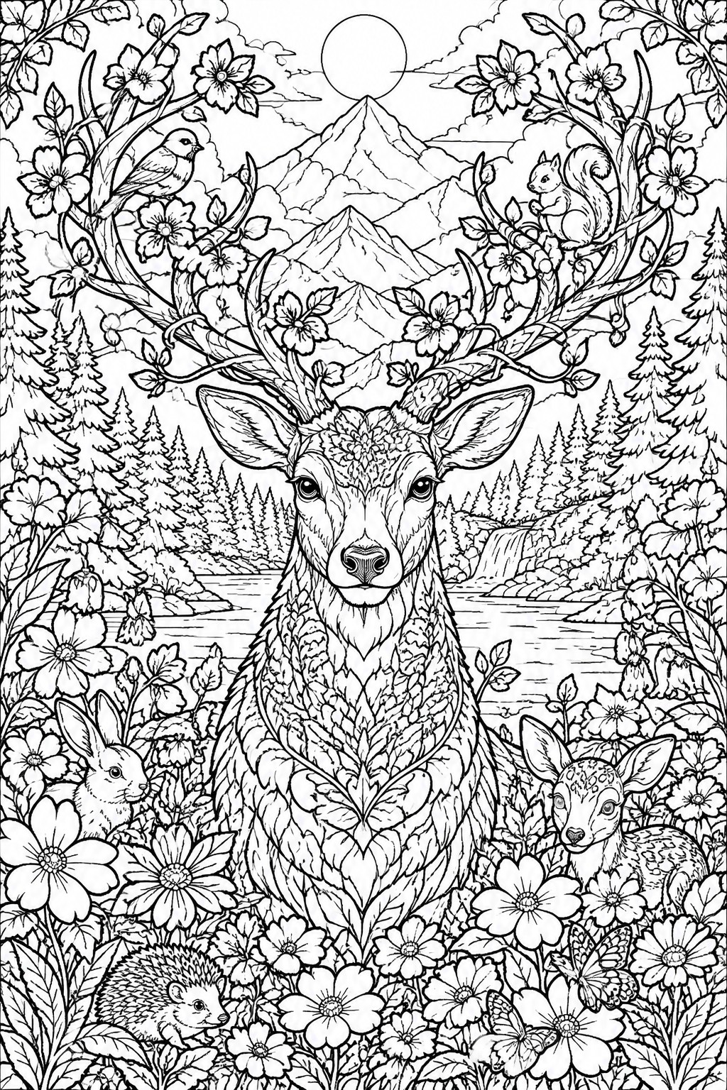 Detailed black-and-white coloring page of deer amid forest animals, flowers, and mountains.