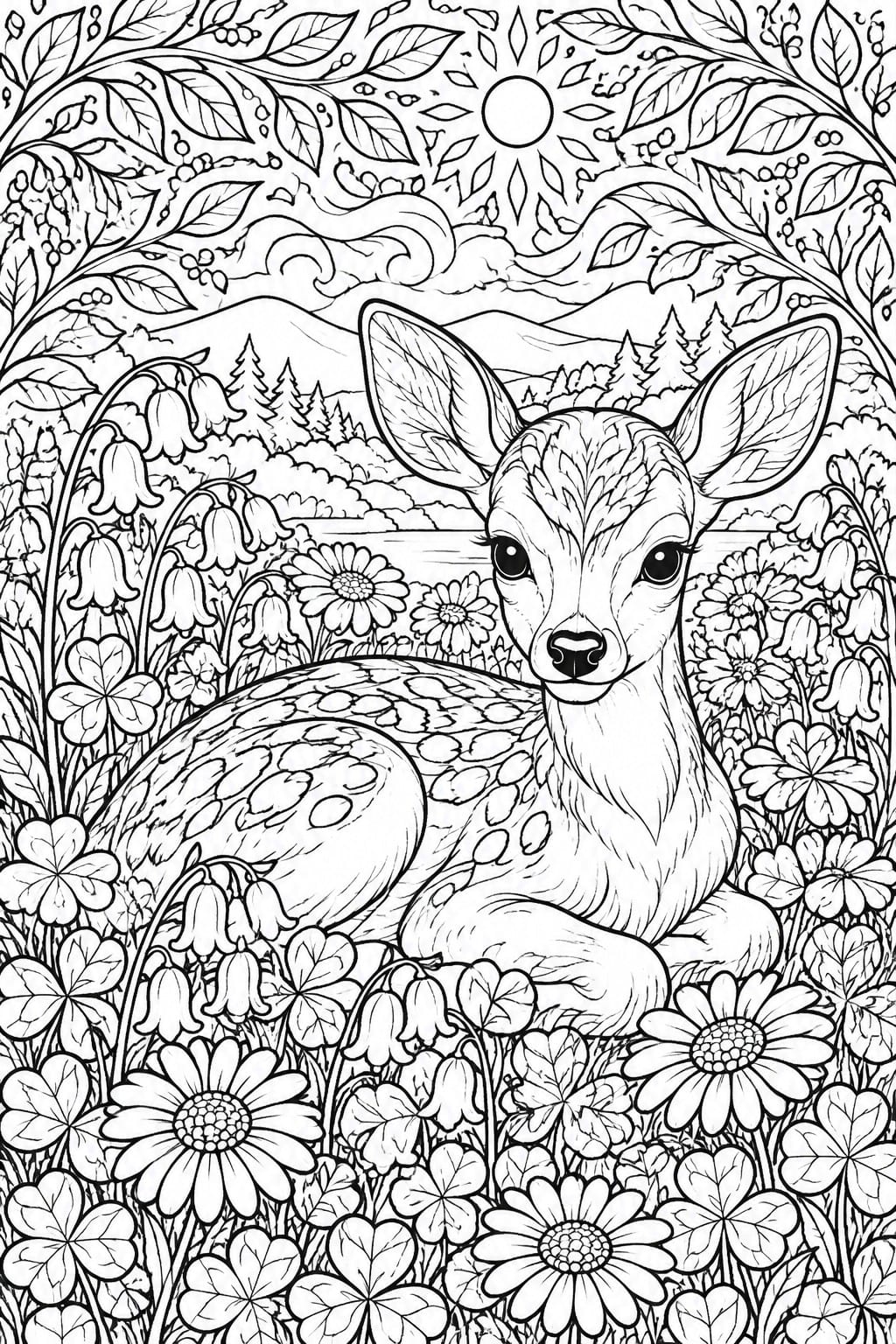 Coloring page of a fawn resting amid flowers with mountains and sun behind