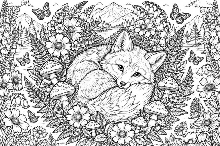 A black and white line drawing of a curled fox resting among wildflowers, mushrooms, ferns, and butterflies with a forest and mountains behind it.