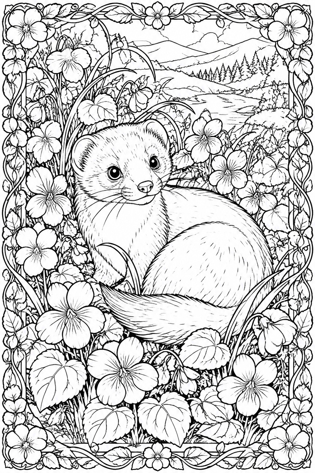 Black and white line art of a small ferret-like animal resting among flowers, with a river and mountains behind and a floral border around the scene.