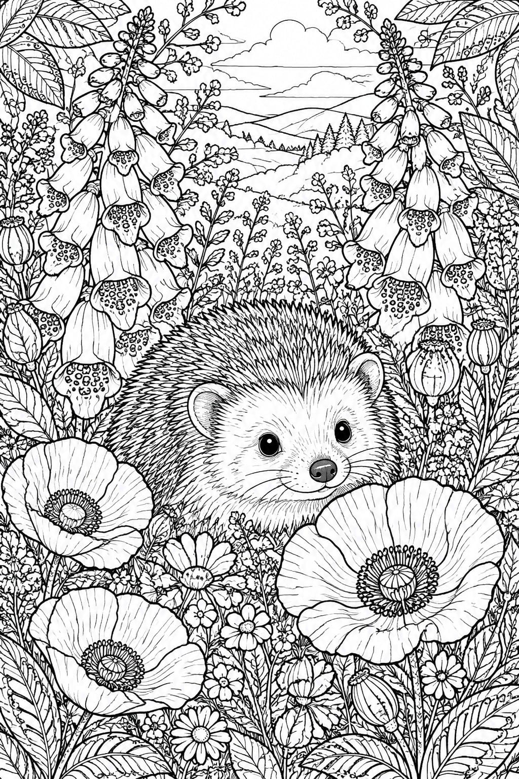 Hedgehog amid poppies and foxgloves in a black-and-white hilly landscape illustration