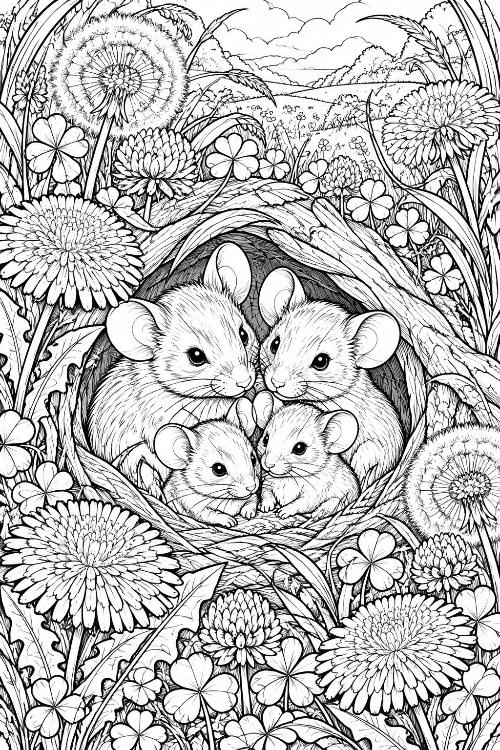Black and white coloring page of four mice huddled in a burrow entrance ringed by dandelions, clover, and other wildflowers.