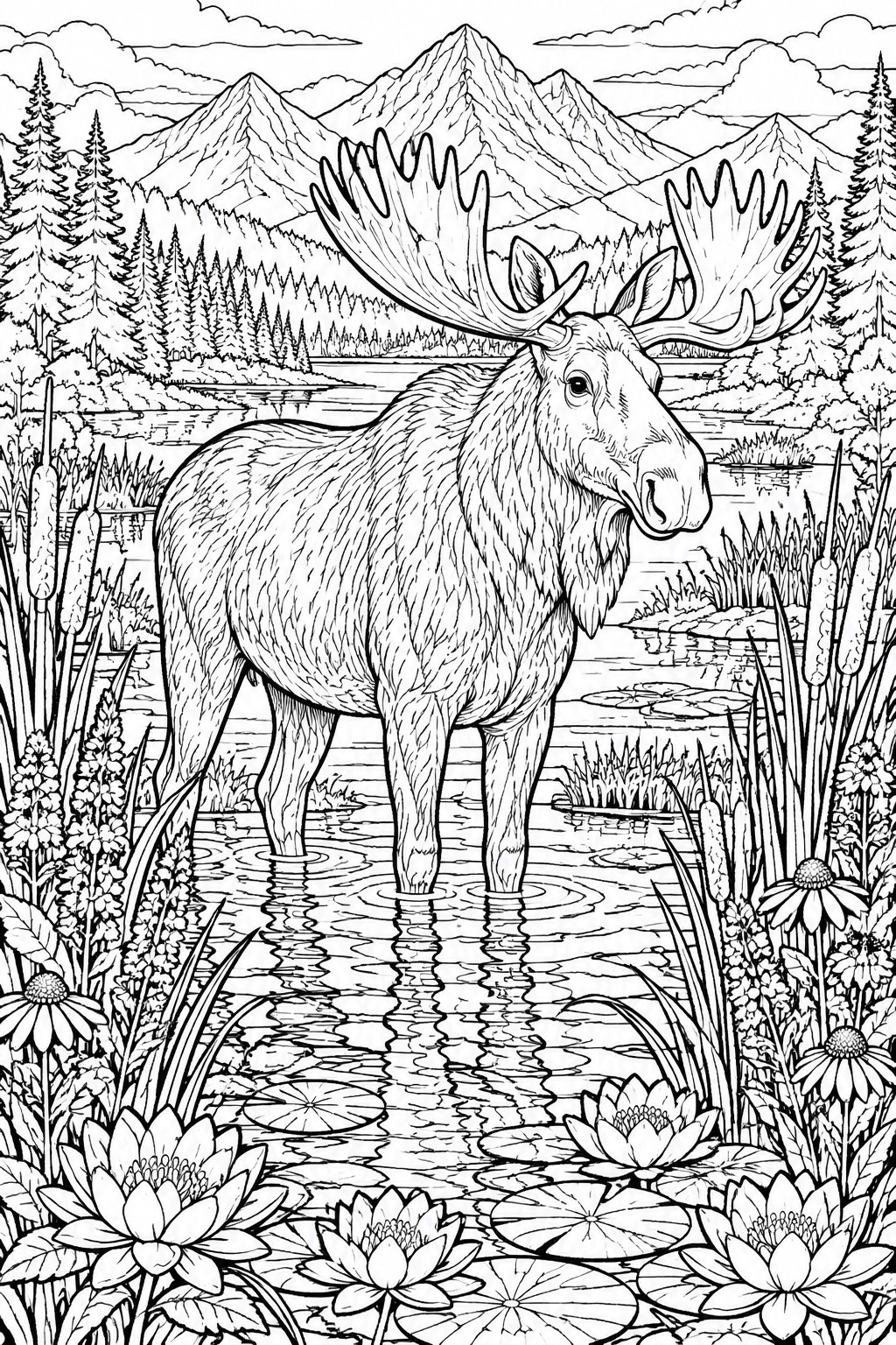 A black and white coloring page shows a moose standing in water with mountains, trees, water lilies, cattails, and wildflowers around it.