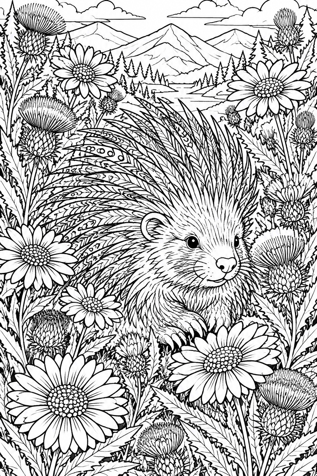Detailed line drawing of a porcupine amid daisies with mountain landscape backdrop