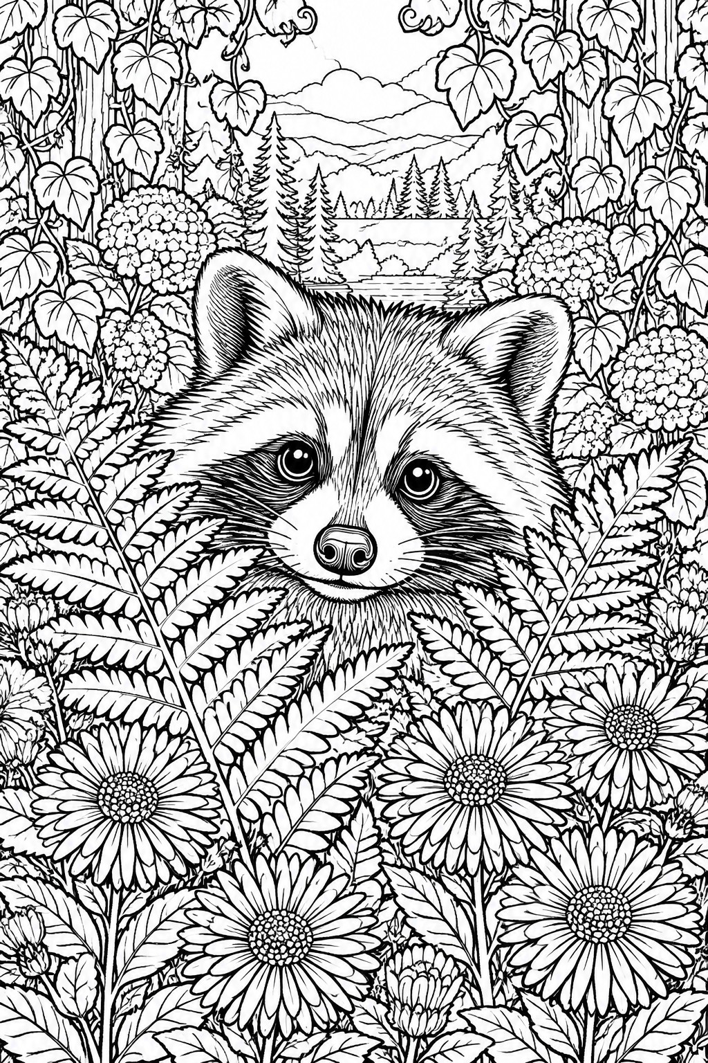 Raccoon peering through ferns and daisies in detailed black-and-white forest line art.