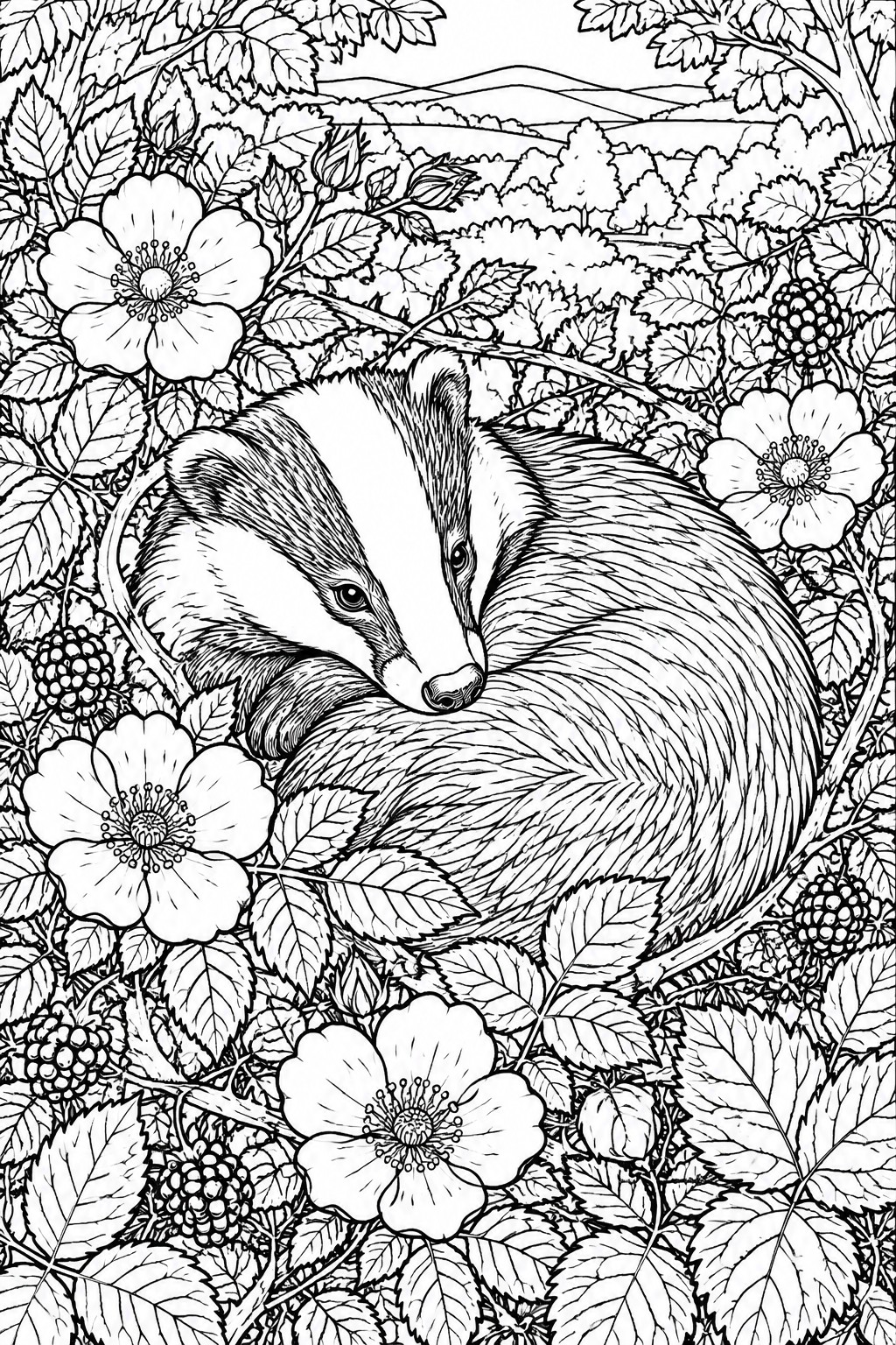A black and white line drawing of a badger curled up asleep in a forest surrounded by flowers, leaves, and berries.