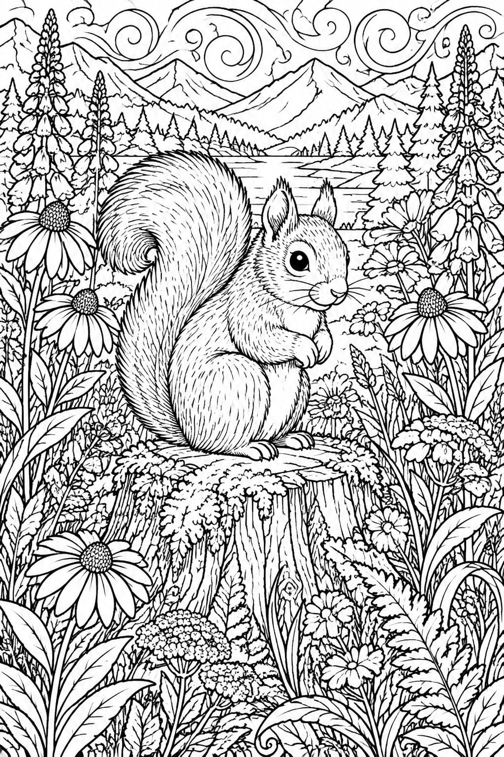 Intricate black-and-white line art of squirrel on stump amid wildflowers and mountains