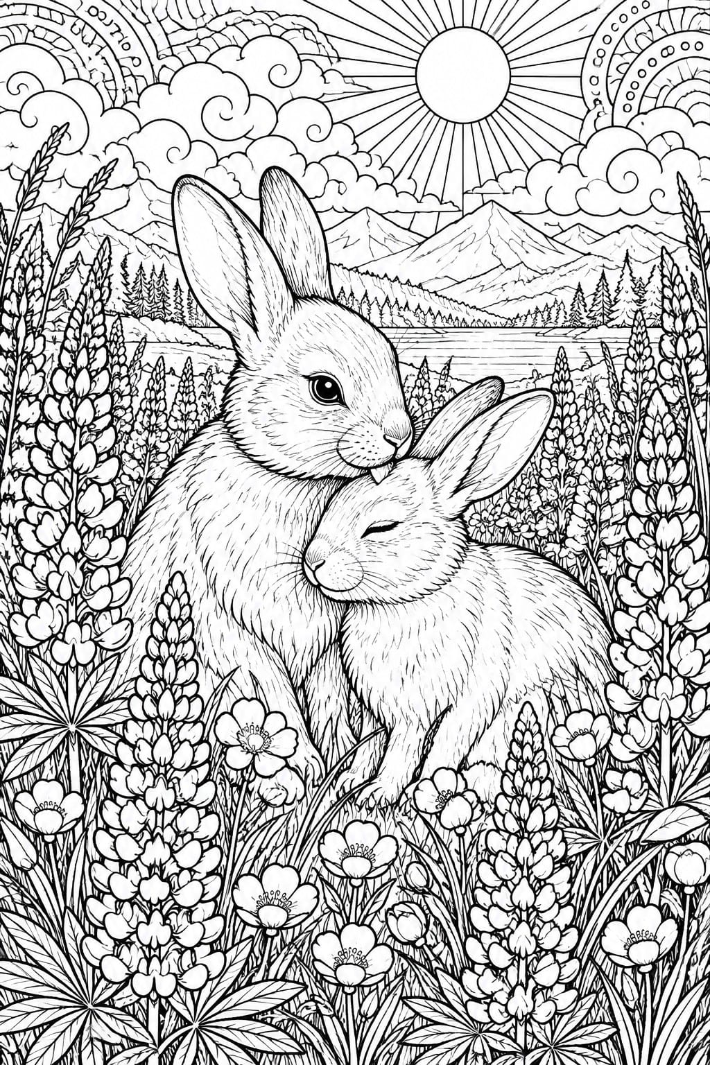Two rabbits cuddling in a wildflower meadow with mountains and sun behind.