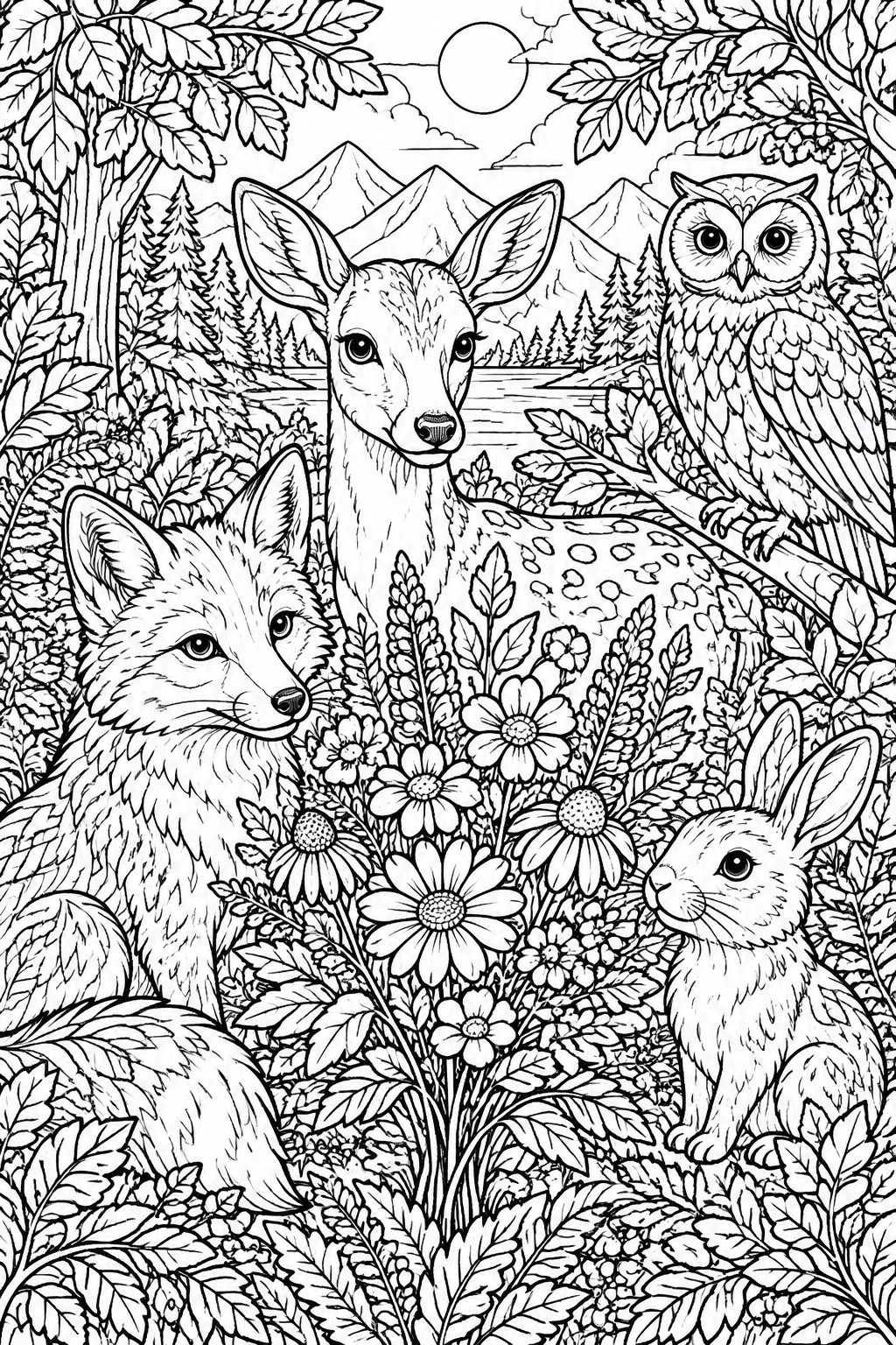 Black and white line drawing of a deer, fox, owl on a branch, and rabbit surrounded by wildflowers, trees, mountains, and a body of water.