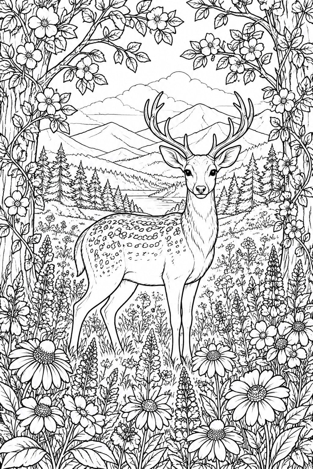 Line drawing of antlered deer amid wildflowers with mountains and trees in background