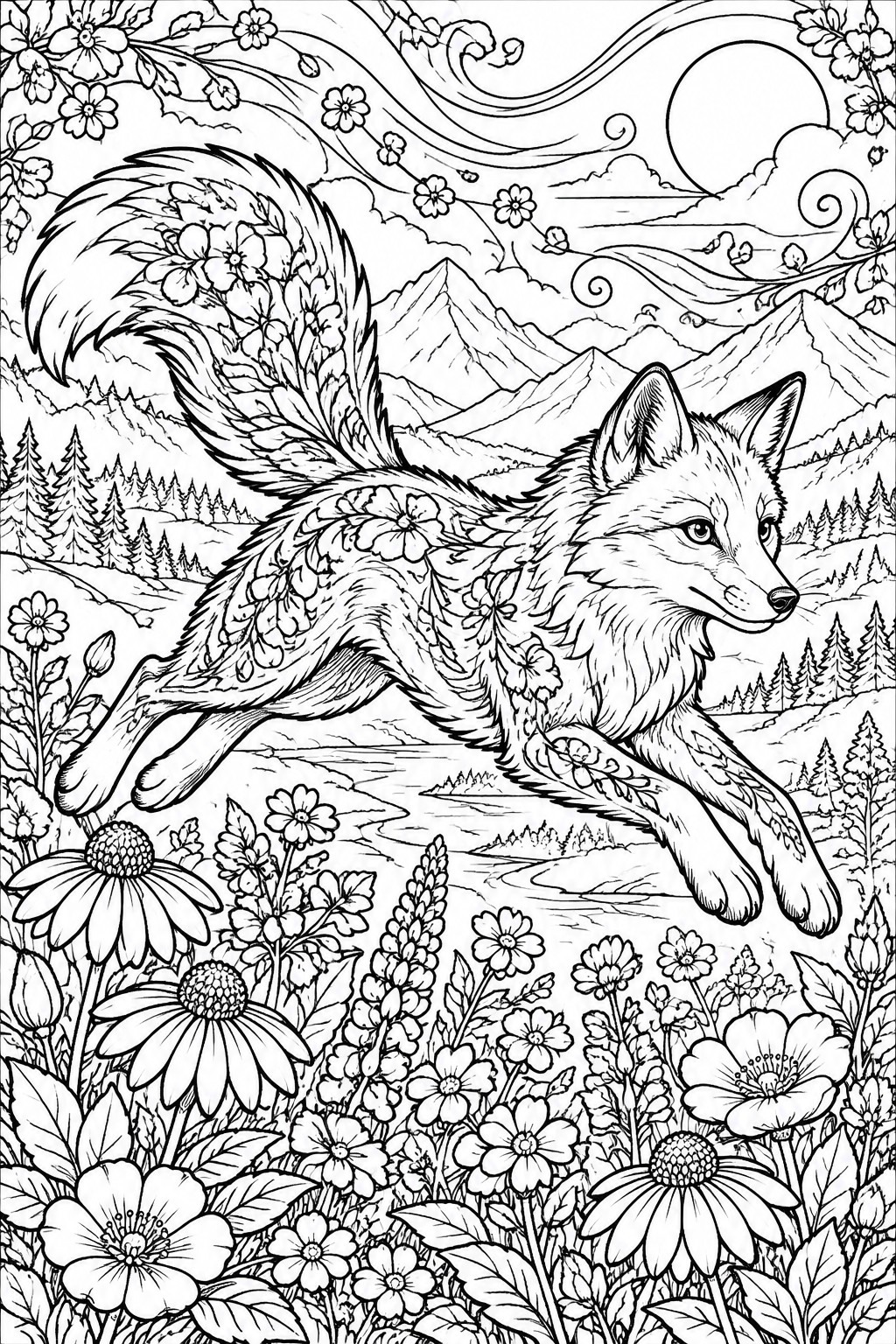Leaping fox with floral patterns over river amid mountains and wildflowers in line art.