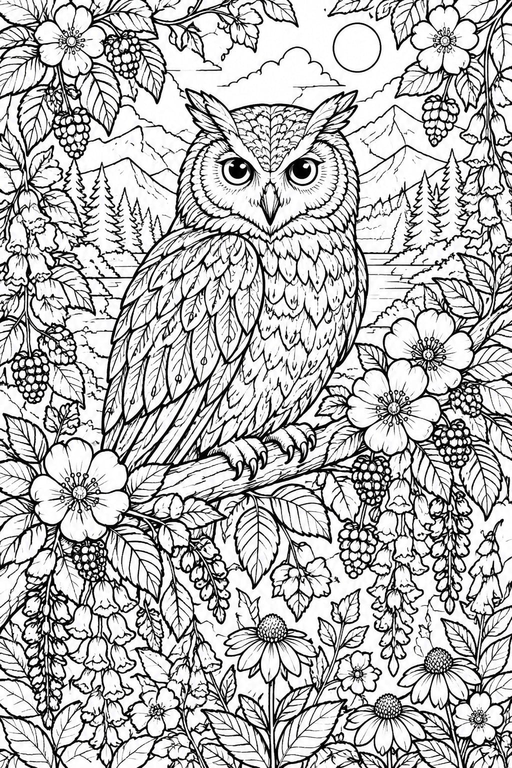 A detailed line drawing of an owl perched on a branch amid wildflowers, berries, trees, and mountains.