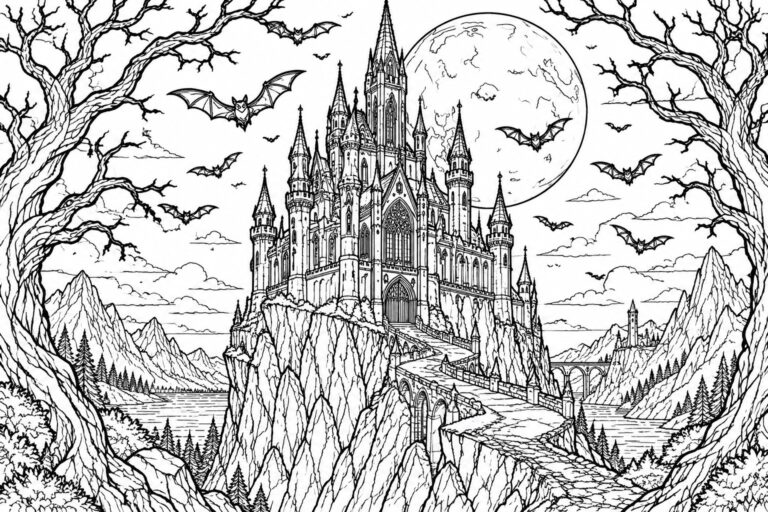 19 Gothic Dark Fantasy Coloring Pages for Adults Filled With Haunted Castles and Ruins Intricate black-and-white line art of gothic castle on cliff with bats and full moon