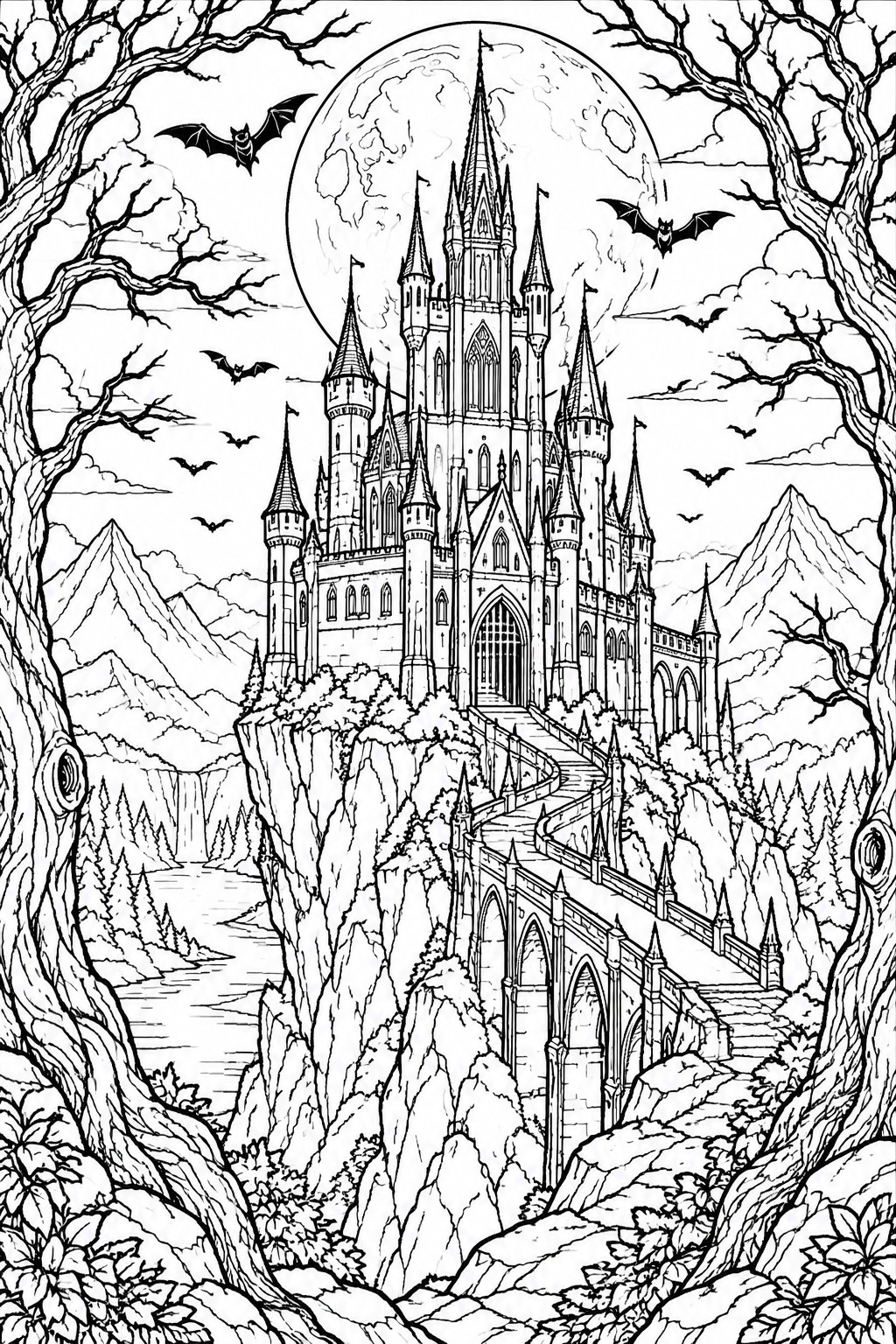 Intricate black-and-white line art of gothic castle on cliff with bats and full moon