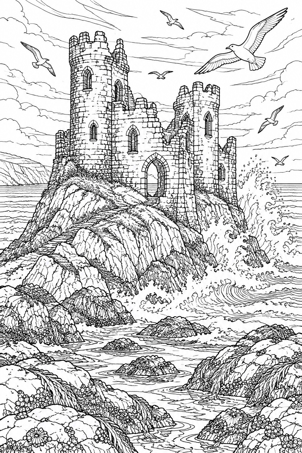 Intricate black-and-white line drawing of a castle on a cliff by crashing waves with seagulls.