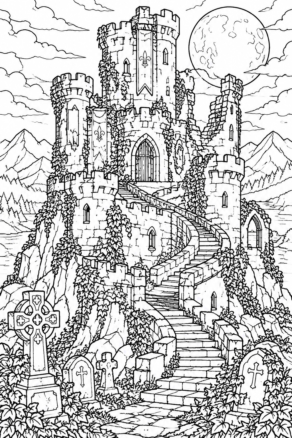 Black-and-white line art of vine-covered castle ruins with stairs, gravestones, and full moon.