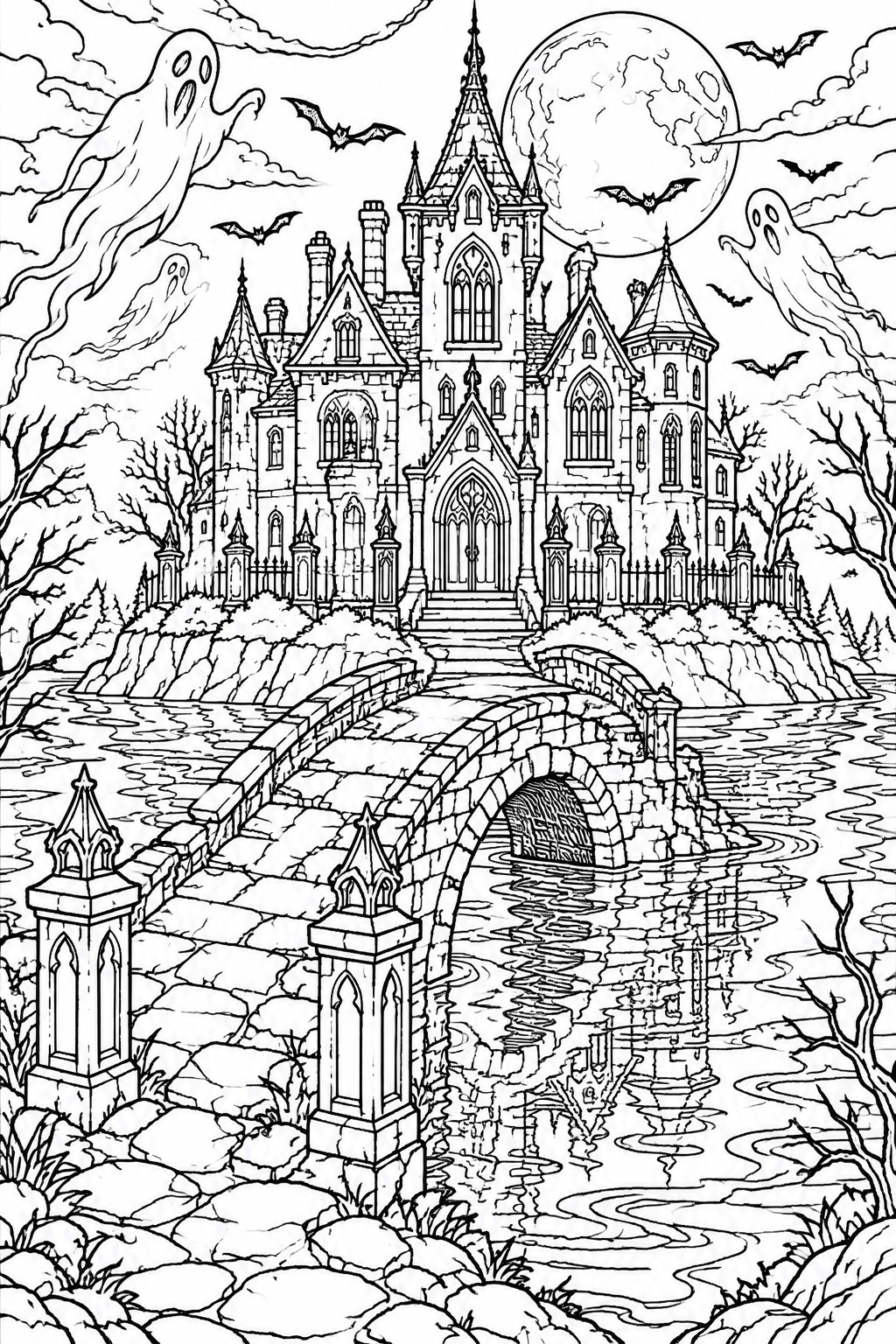 Haunted gothic castle with ghosts, bats, full moon, and stone bridge in line art