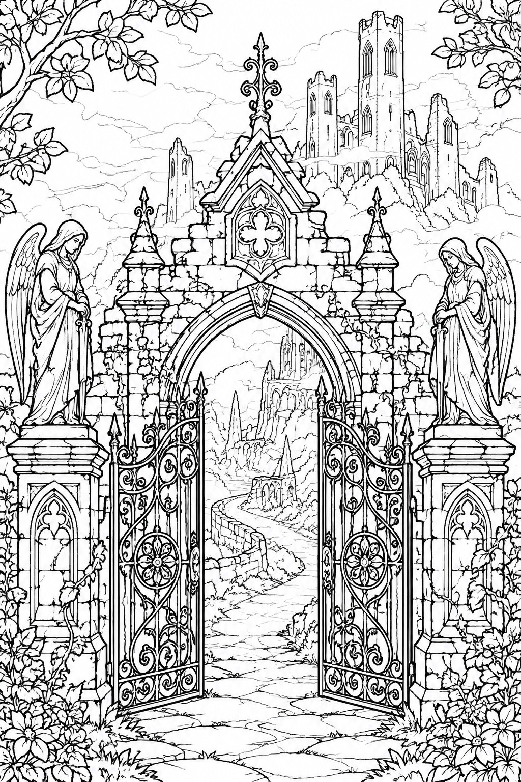 Gothic stone arch with open iron gates flanked by winged angels and ruined castle