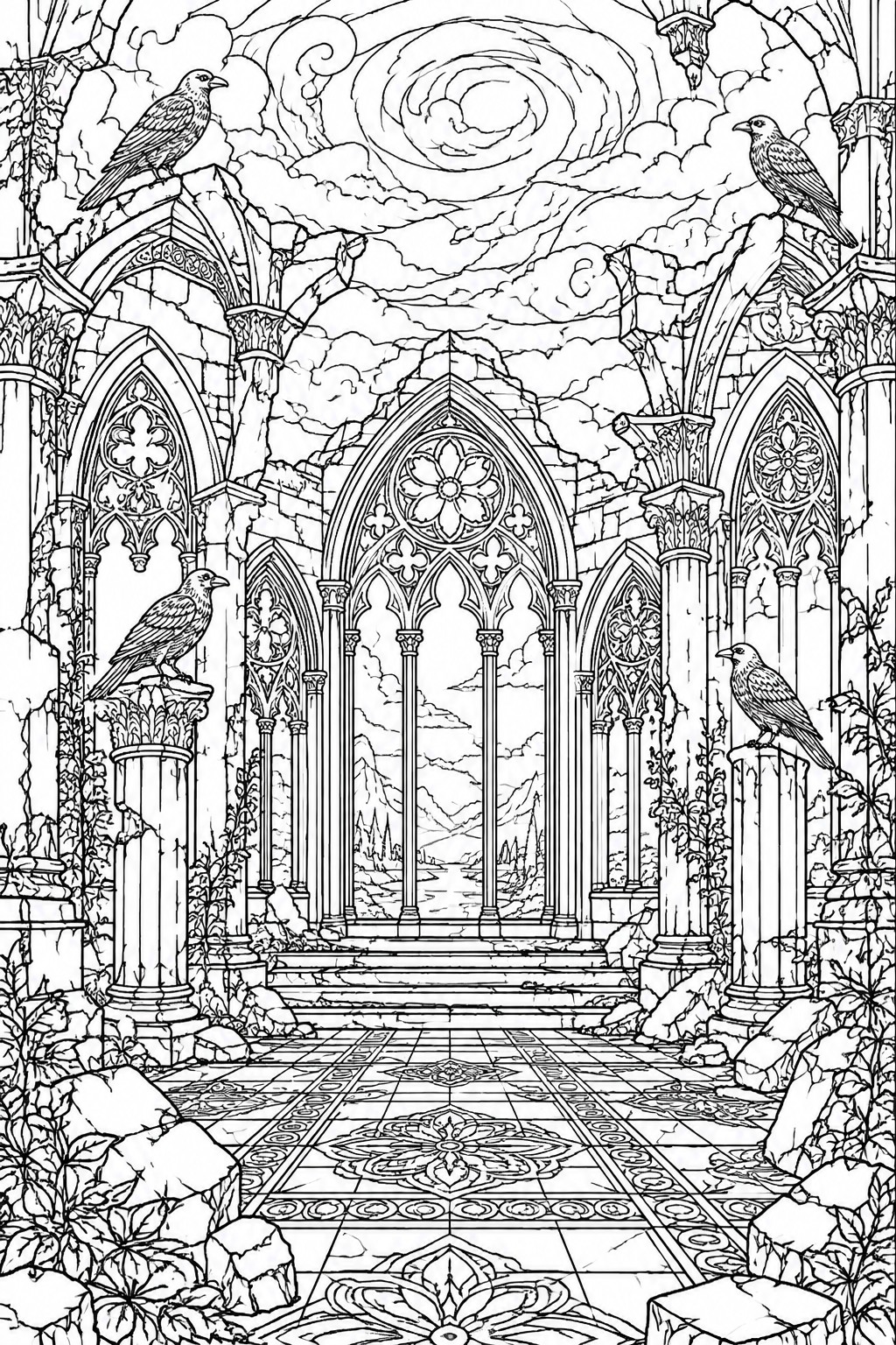 Ruined Gothic cathedral with ravens on pillars, ornate arches, and mountain vista.