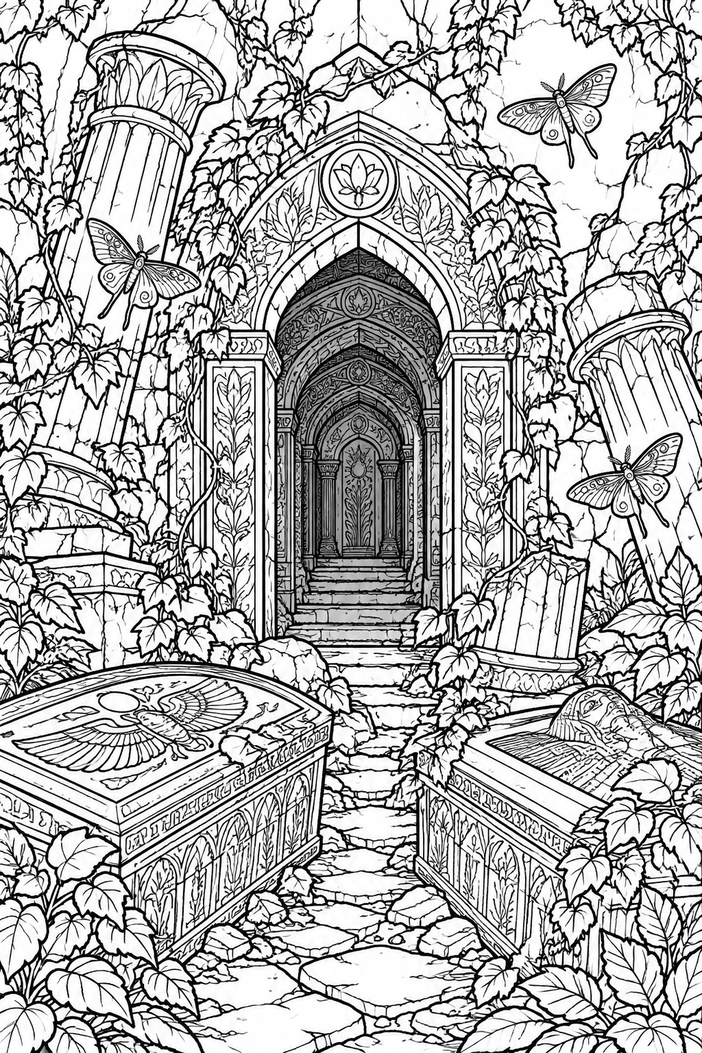 Black and white line art of a gothic stone archway covered in vines, with columns, butterflies, and carved blocks flanking a path into ruins.