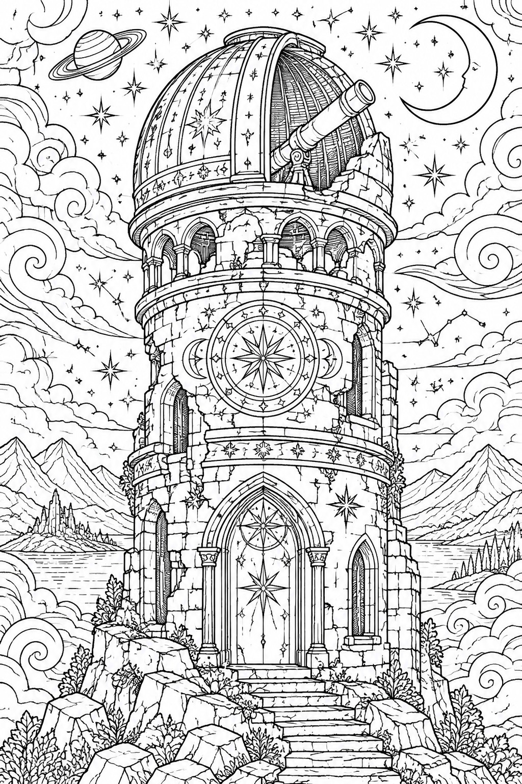 Ornate stone observatory tower with telescope under starry night sky with mountains