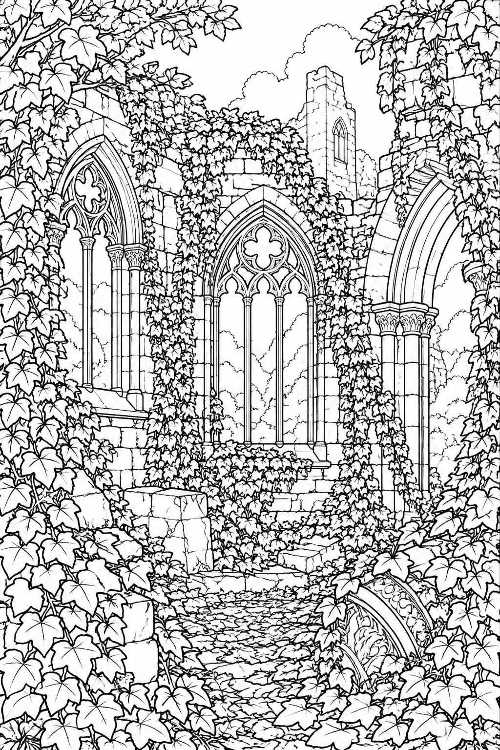 Detailed line art of ivy-overgrown Gothic stone ruins with arches and steps.