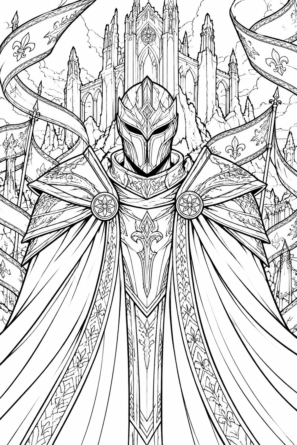 Armored knight in ornate cloak with fleur-de-lis banners before gothic castle line art