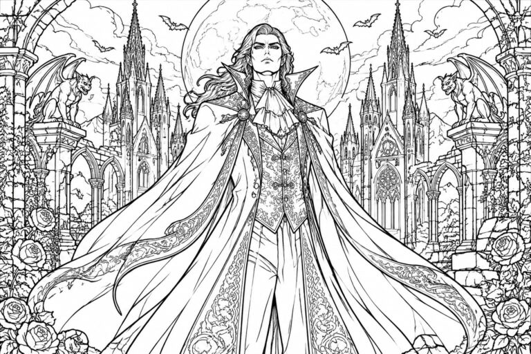A black and white line drawing shows a cloaked fantasy character standing in front of a castle under a full moon with bats and gargoyles on pillars.