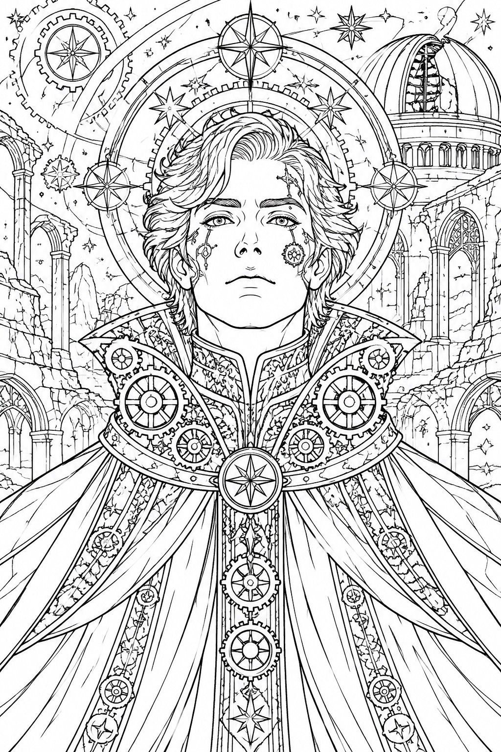 Steampunk youth in gear-ornate robes amid ruined domes with starry compass halo.